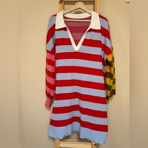 Striped V-Neck Collared Knit Dress - Red & Light Blue